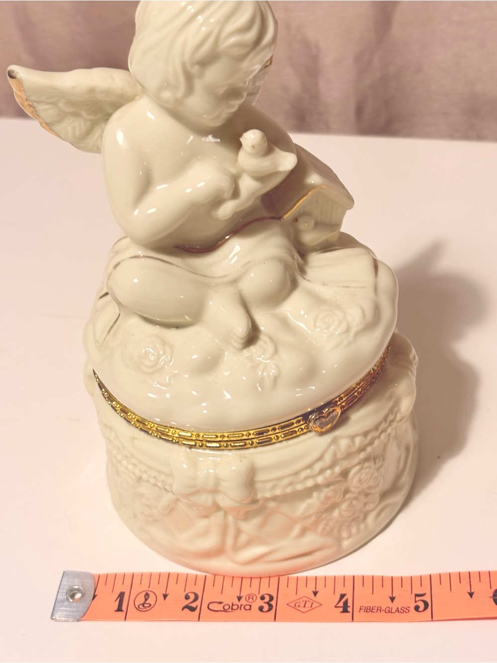 Vtg Engraved Child Cherub Angel W Bird Ceramic Round Trinket Boxes 7” Gold Trim